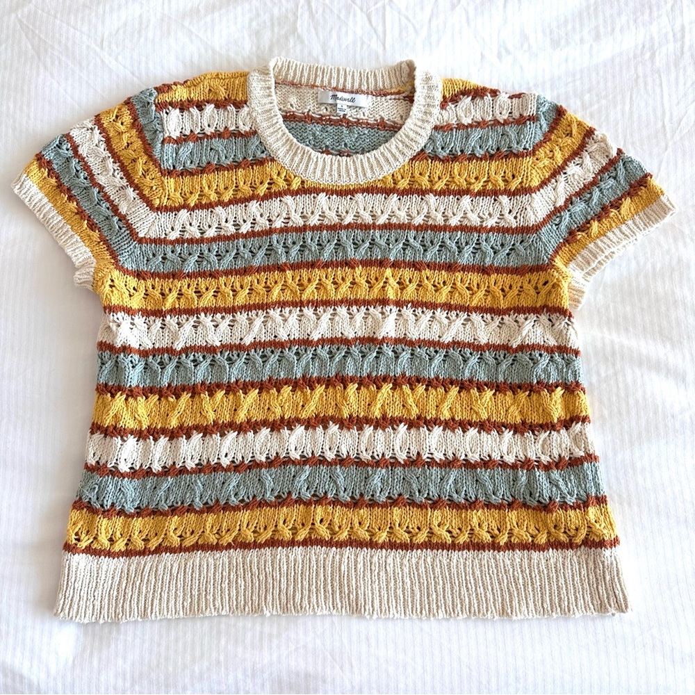 Madewell Striped Knit Short Sleeve Sweater Mustard Light Blue Cream Cotton S EUC
